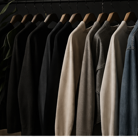 Clothing rack with shirts and 'Zip N Zest' branding on a dark background